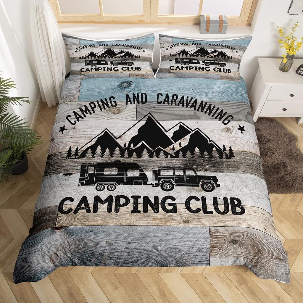 Camping Bedding Set Twin King Full Size For Teens Adult Duvet Cover Happy Camping Comforter Cover 3 Pieces With 2 Pillowcase