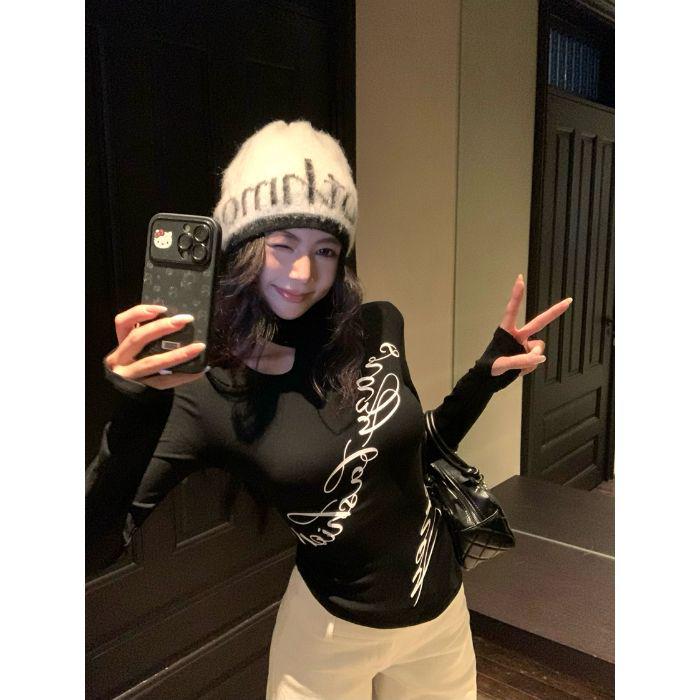

High Neck Cutout Letter Print Plush T-shirt for Women - Autumn Winter Warm Base Layer Large чёрный