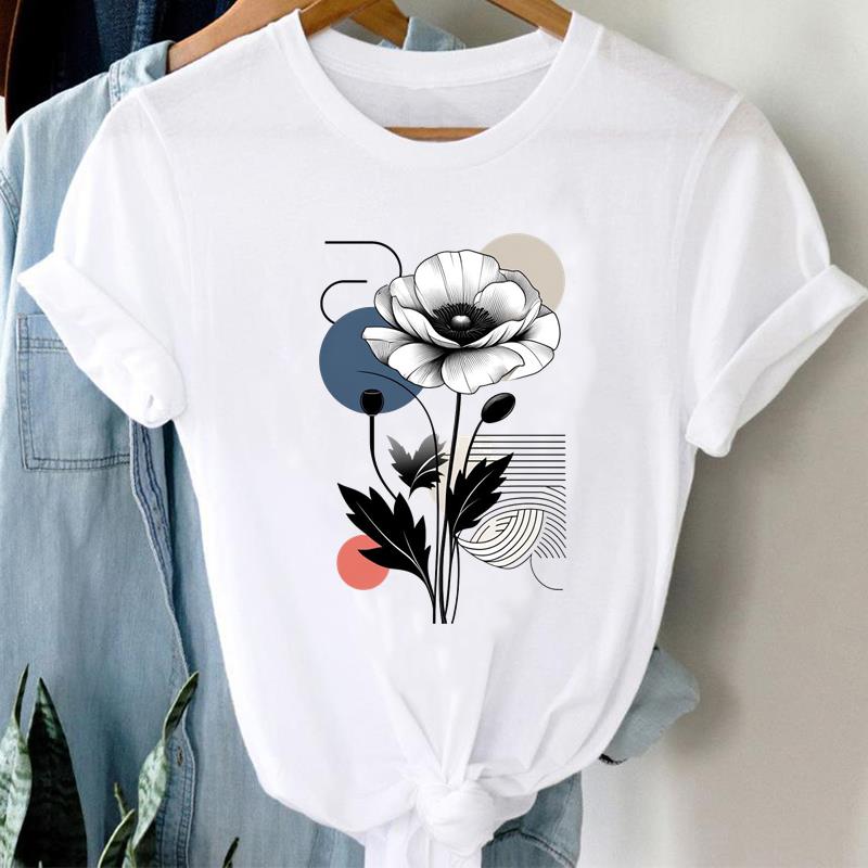 (Asian Size)  flower love heart Short Sleeve T Shirt Women Tee Top Clothing Casual Fashion Print Lady Female Graphic T-shirts