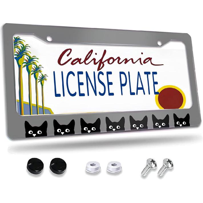 Rock Guitarist License Plate Frame,Red Black White Stripes License Plate Frames Decorative Car Tag Frames Aluminum Metal License Plate Holder for US Black Cat