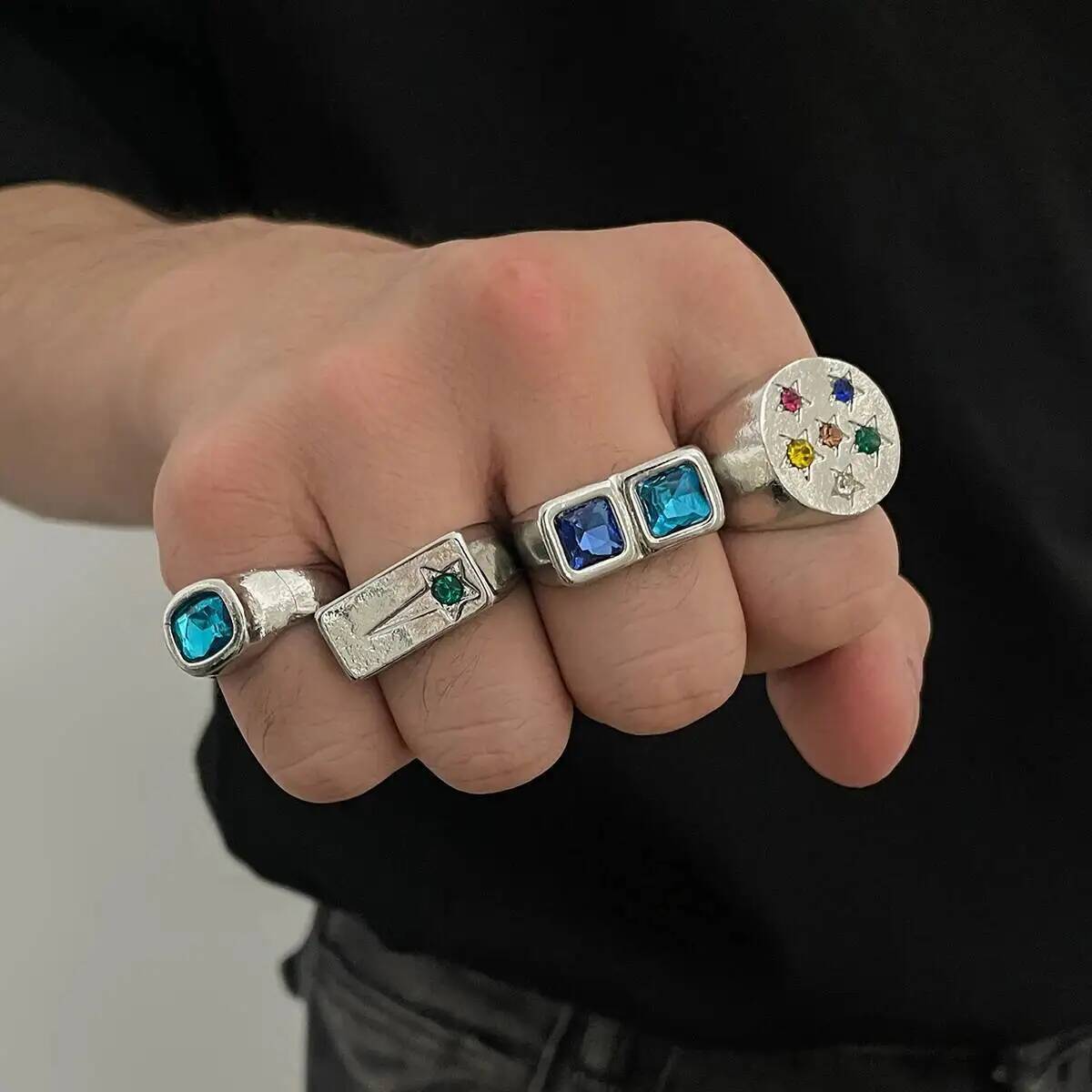 SHIXIN Vintage Square Blue Rhinestone Open Cuff Finger Rings Men Fashion Luxury Silver Color Adjustable Stack Ring Jewelry Gift