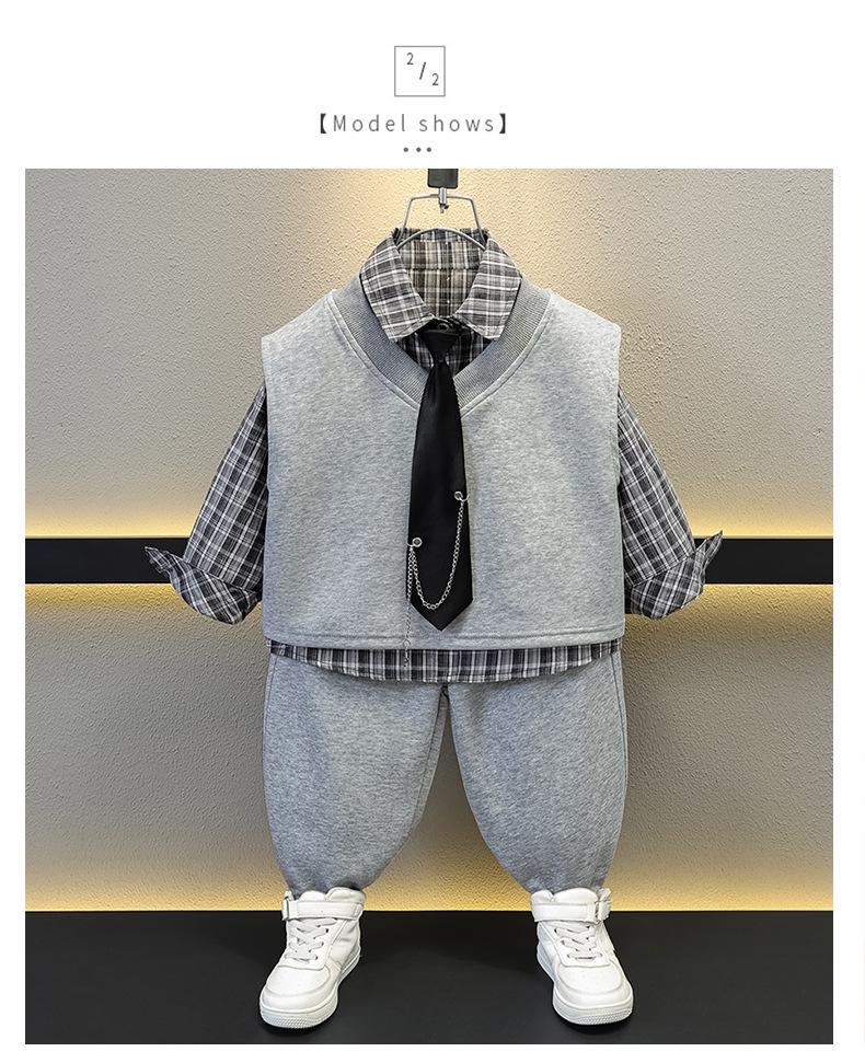 Jungen 2025 Herbst Preppy 3-teiliges Set: Stilvolles Hemd, Weste und Sportbekleidung