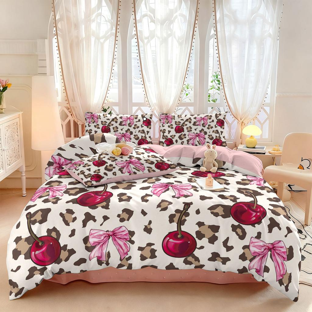 3Pcs Leopard Print Cherry Bow Printed Coreless Duvet Cover Set Multi Size Bedroom Bedding Decoration Machine Washable