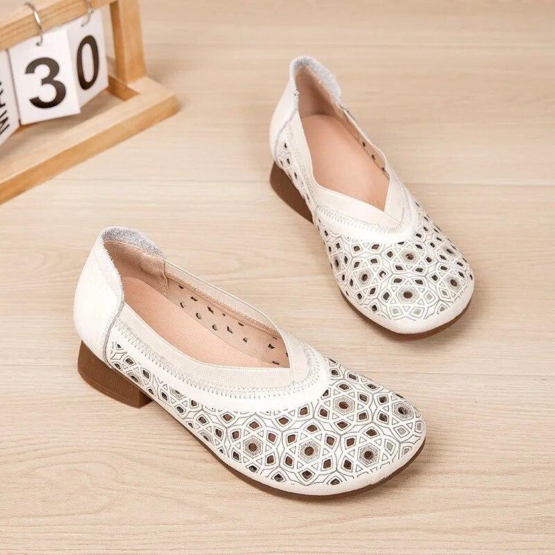 Johnature Vintage Sandaler i Ekte Skinn Slip-on Casual Rund Tå Myk Såle Komfortable Damesko