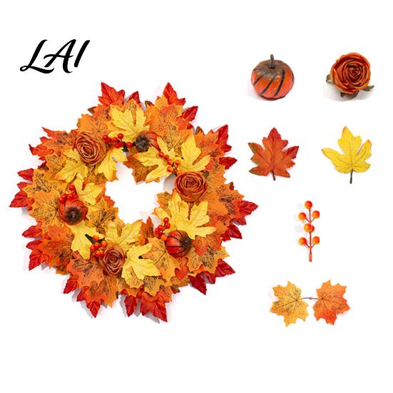 Autumn Door Decor Fall Sunflower Maple Leaf Wreath with Pumpkin Pinecone Thanksgiving Harvest Artificial Holiday Party Supplies Wreath Indoor
