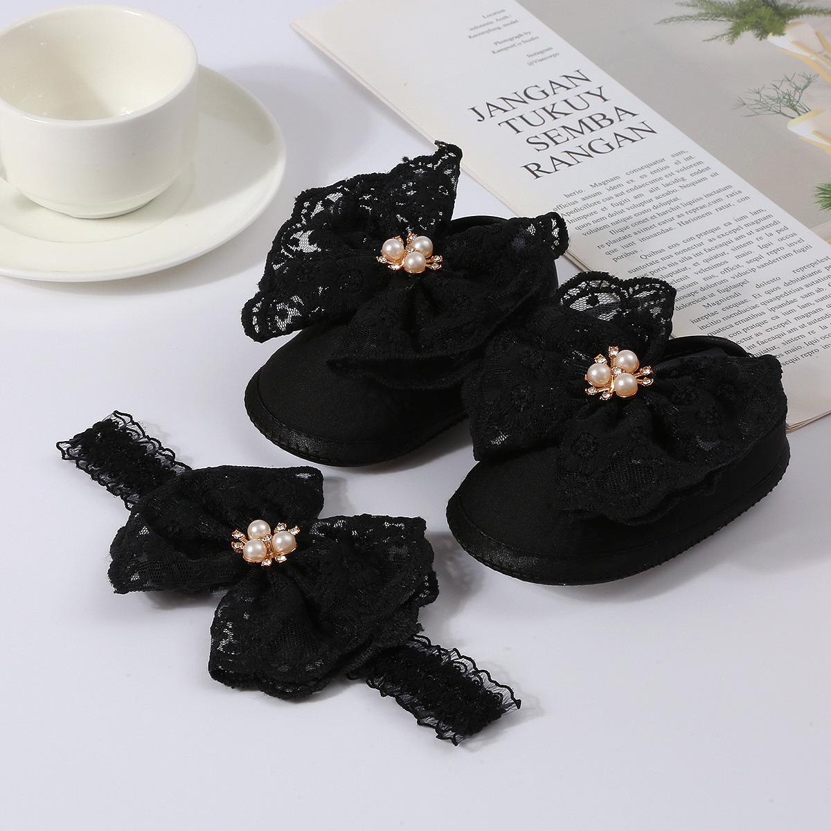 

1 комплект Детские туфли для малышей на мягкой подошве с кружевом и жемчугом на клею, комплект с большой бабочкой и повязкой на голову, однотонные напольные носки, носки для девочек и мальчиков, головной убор M(7-12 Months) чёрный