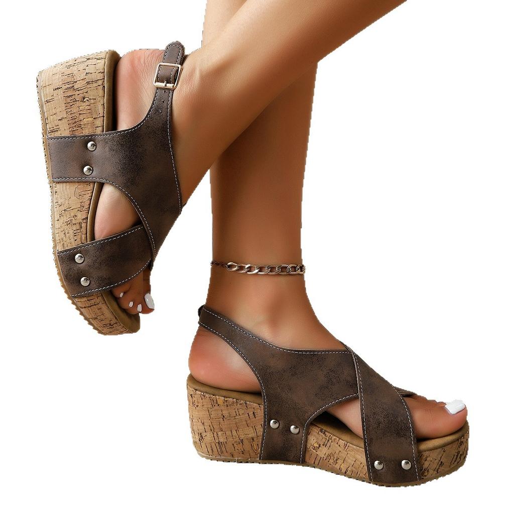 Women's Wedge Heel Sandals Summer Platform Wedge Heel Cross Large Size Women's Slippers Riveted Open-toed High-heeled Sandals