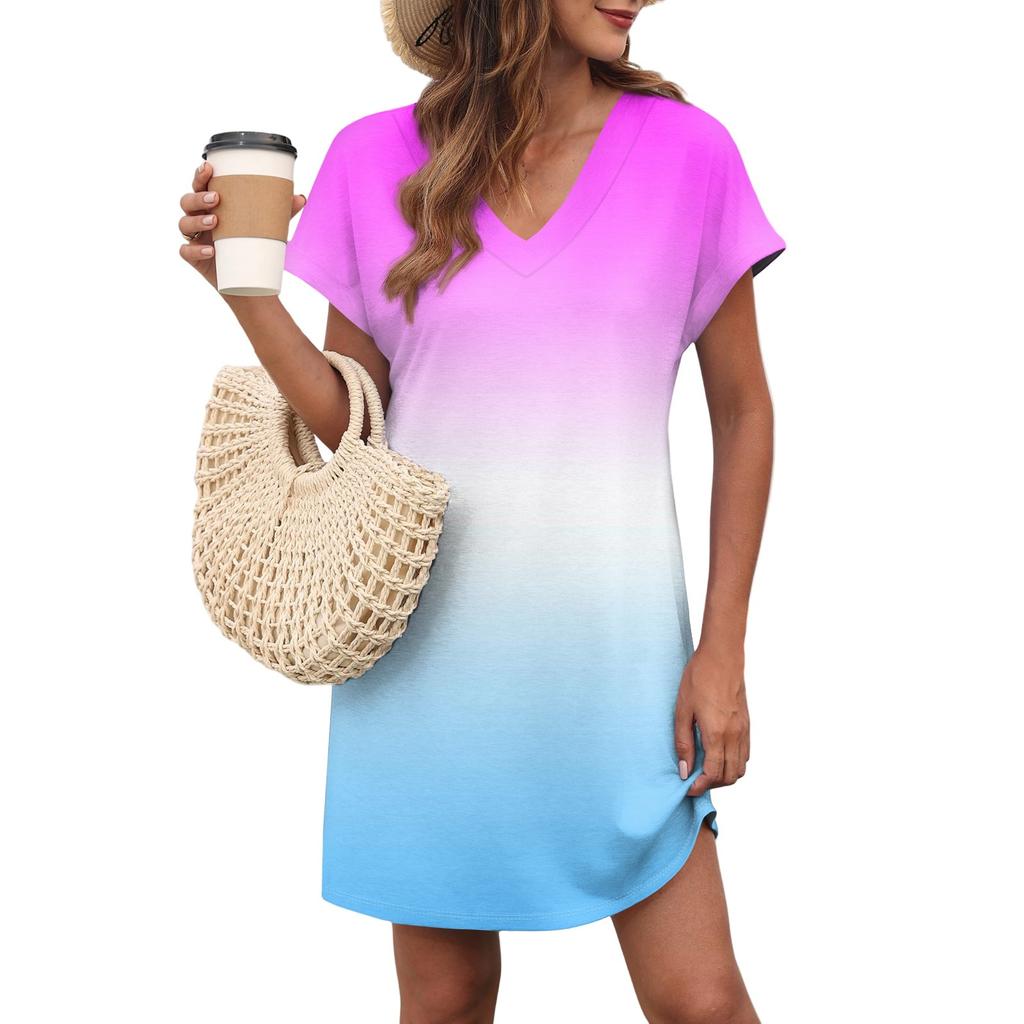 Women's Casual Fashion Sexy V-Neck Cap Sleeves Pocket Gradient Dress