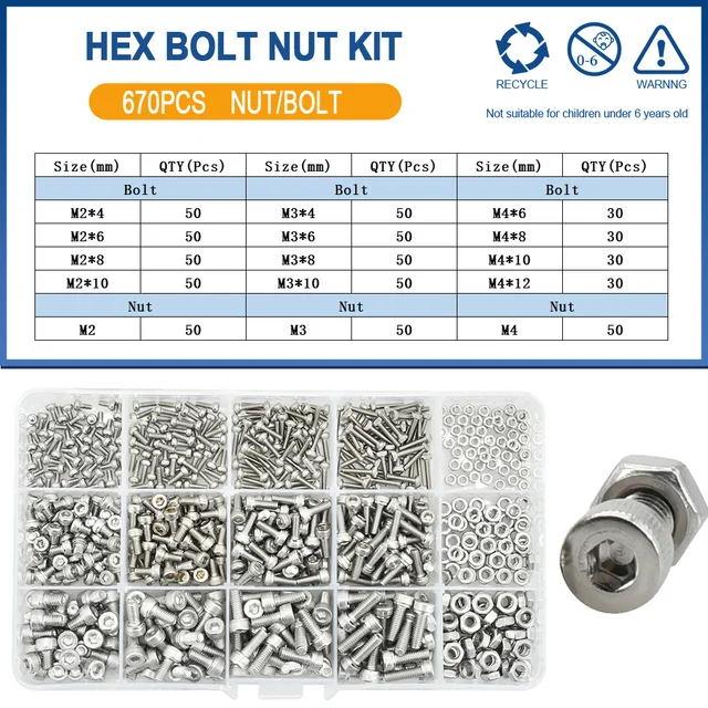 304 Stainless Steel Bolts And Nuts Set M2 M3 M4 M5 M6 Hexagon Hex Socket Screws Allen Cap Head Bolt Nut Set Assortment Kit