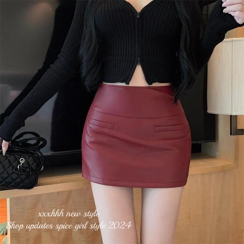 Anker Rot PU-Lederrock Damen Herbst Winter Hohe Taille Schlank A-Linie Rock Heißes Mädchen Sexy Hüft-Miniröck Hapskirt