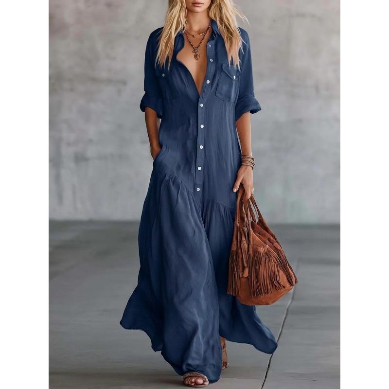 Women S Summer Shirt Dress A Line Solid Color Seven Quarter Sleeve