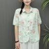 Women's Point Collar Short Sleeve Floral Print Loose Fit Vintage Linen Blend Shirt Blouse