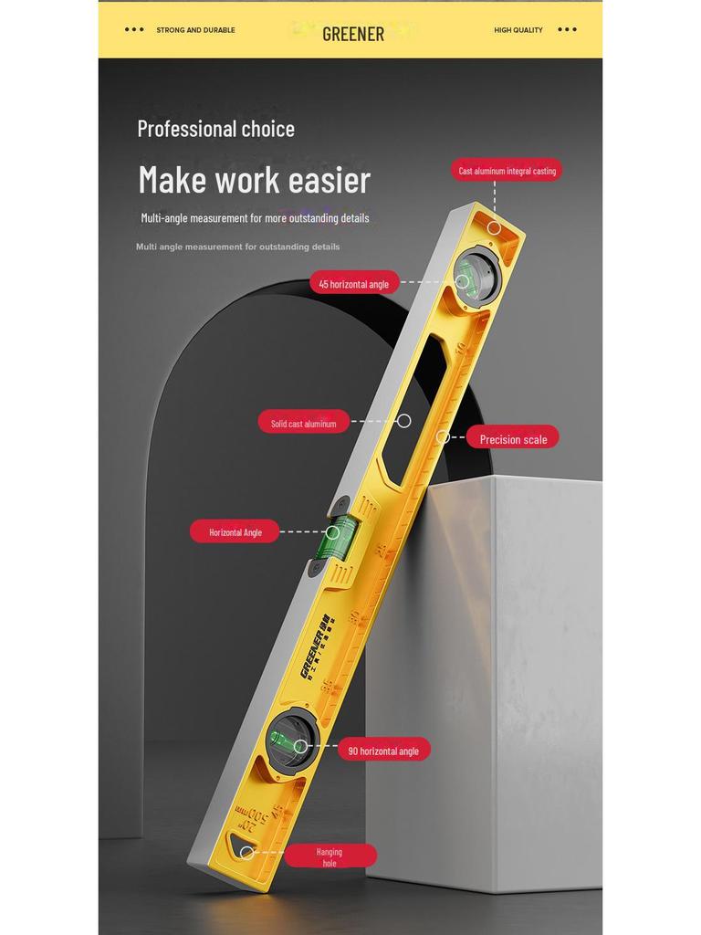 Green Forest High Precision Multifunctional Cast Aluminum Level Ruler for Household Decoration Measurements