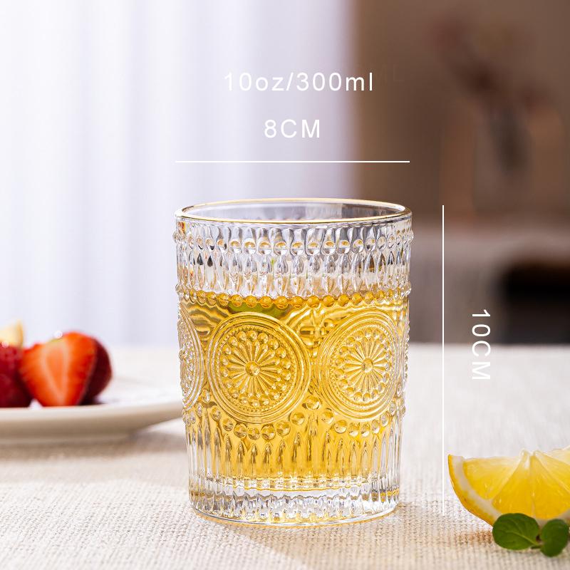 PINNY 300ML 350ML Scandinavian Style Embossed Sun Flower Glass Mug Transparent Round Drink Wine Milk Glass Cup Vintage Drinkware