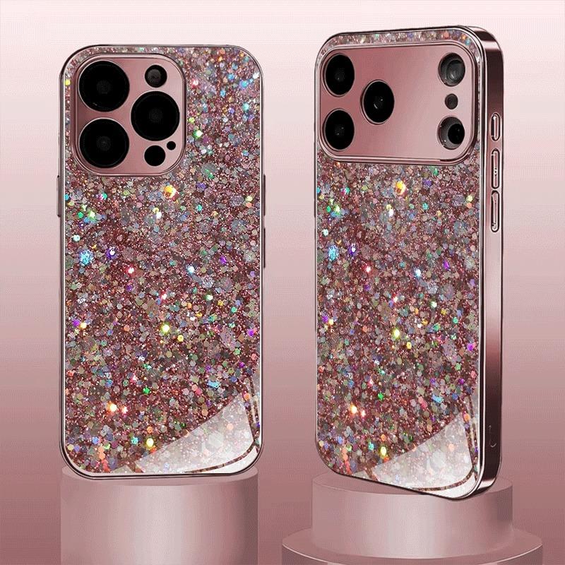 Pink Glitter Pattern Metallic Tempered Glass Phone Case For iPhone 17 16 15 14 13 12 11 Pro Max 15 14 Plus 17 Air 16E Cover