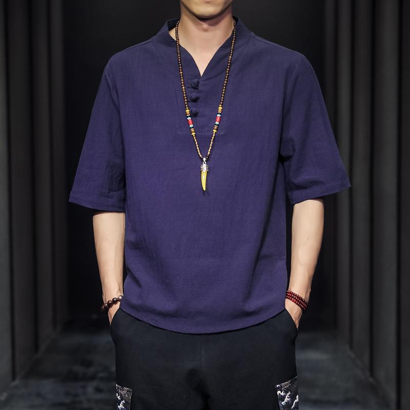 Men's Summer Cotton Linen Tang Shirt Men Chinese Style Button Short-Sleeved Shirts Male Blouse Vintage Kung Fu Hawaiian Shirt