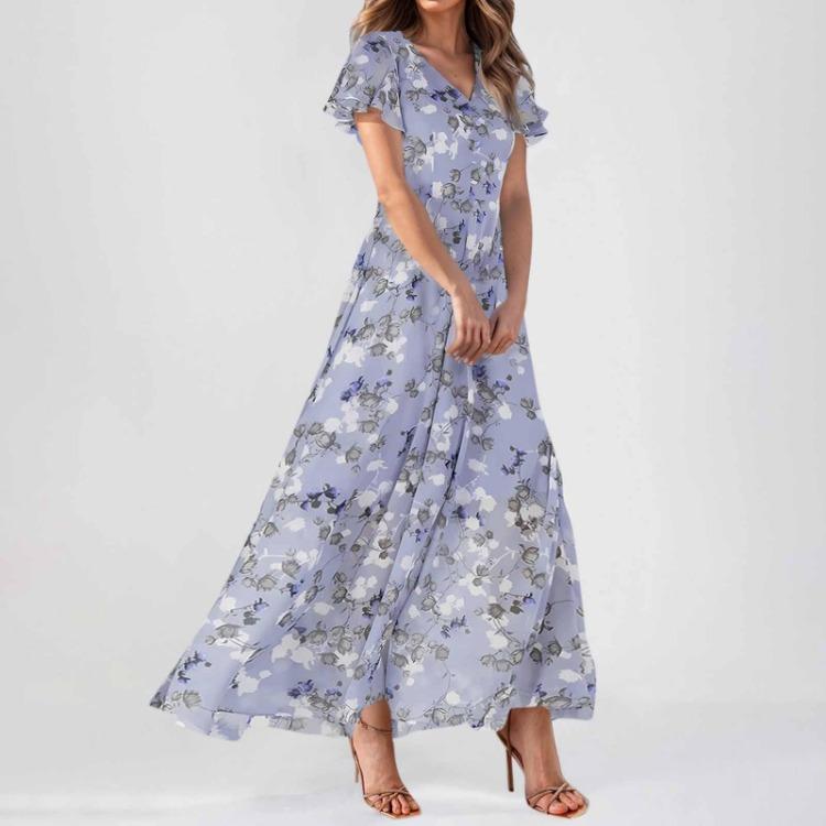 Maxikleider Lässig für Damen Sommer Elegant Süß Fließend Hochzeitsgast Kurzarm Chiffon Geblümte Kleider