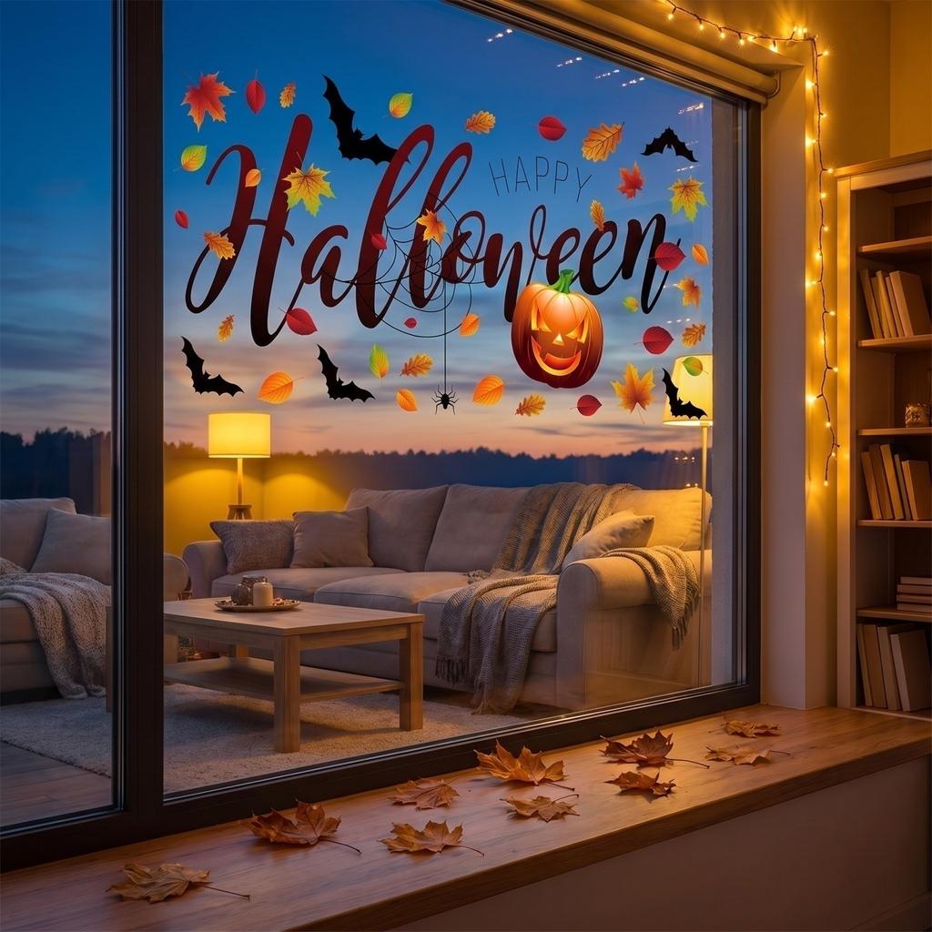 Halloween Static Cling Window Decals Pumpkin Autumn Leaf Bat Spider Web Removable Decorative Stickers for Glass Door Wall Home Office Party Decor