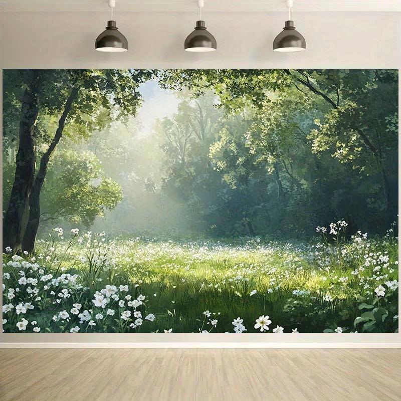 The charming forest and grassland backdrop, along with the sunlit tree canopies and white flowers, is the backdrop for a party