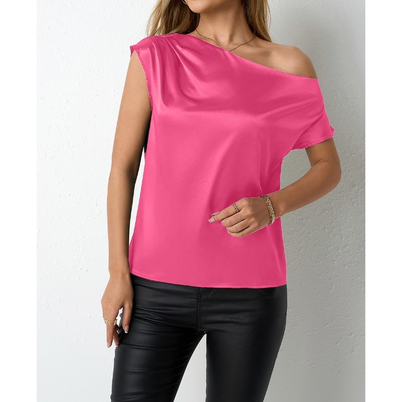 Damen Frühling und Sommer Satinhemd Simulation Seide Unregelmäßige Diagonale Schulter Einteiliger Kragen Ärmellose Blusen & Hemden