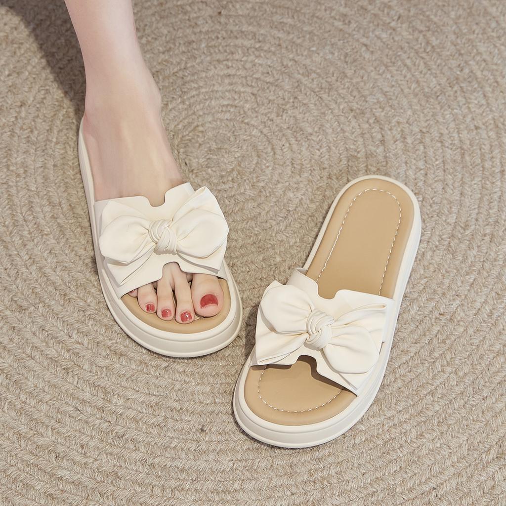 Leather slippers women's summer new fashion bow versatile thick-soled outer wear sponge cake beach cool slippers