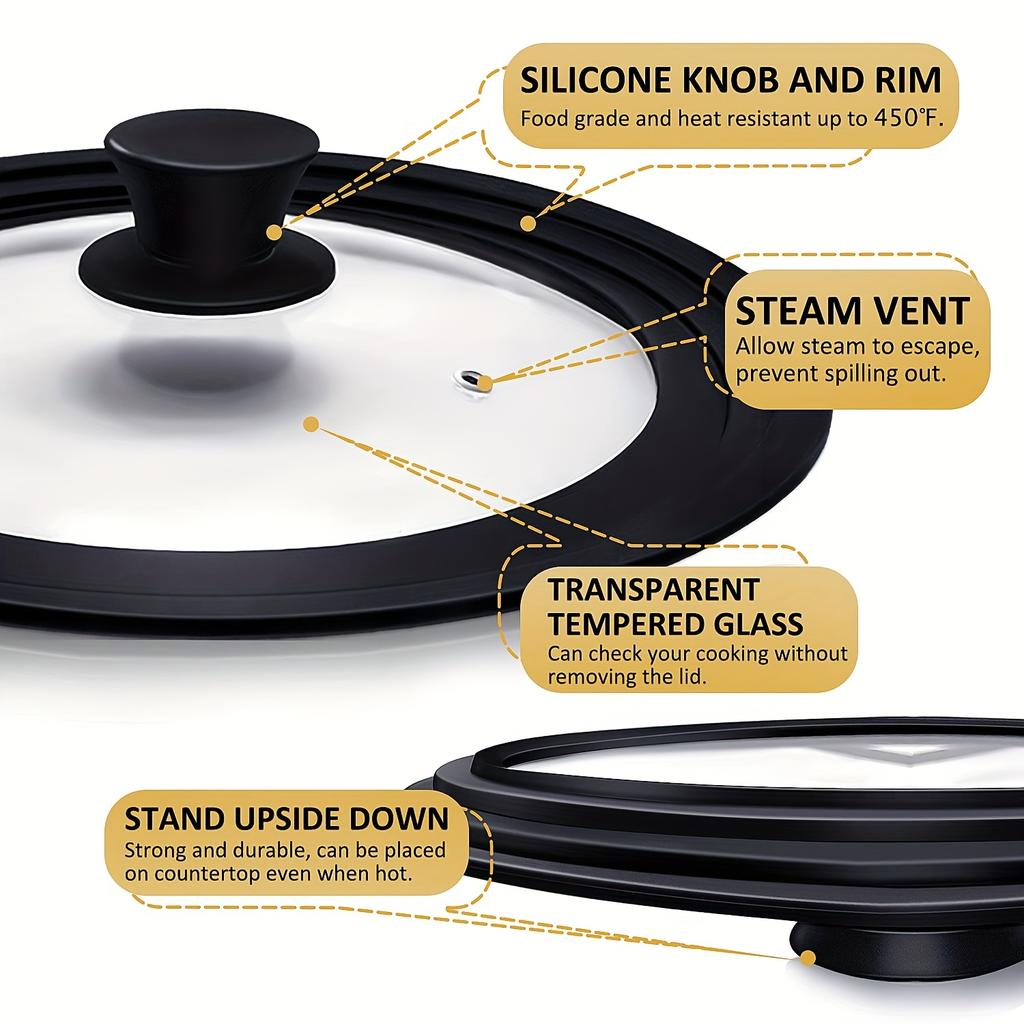 Universal Pot Lid Silicone Pots Covers With Tempered Glass Cover Heat Resistant Pans Skillets Multifunctional Kitchen Stove Lids