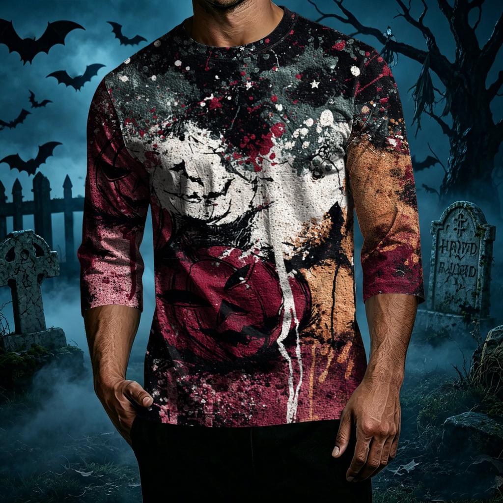 Men's Casual Halloween Print Crew Neck T Shirt Three Quarter Sleeve Top Comfortable Fit Lightweight Fabric Stylish Design