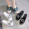 High-heeled wedge slippers summer rhinestone cloth surface fish mouth muffin thick bottom one-word drag