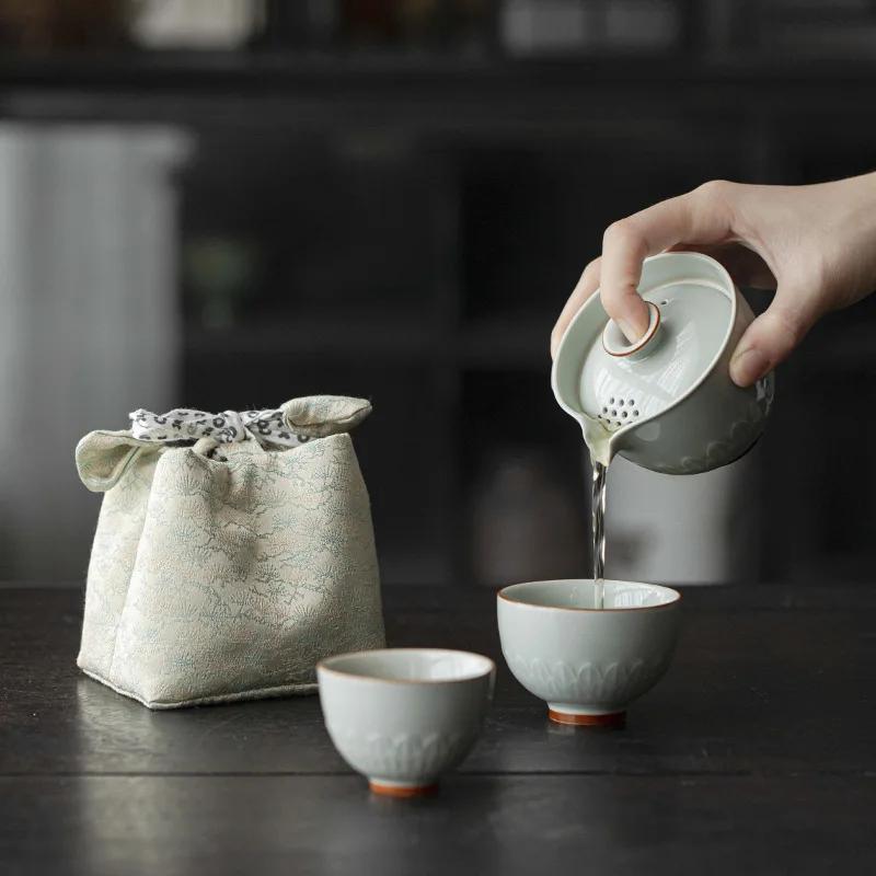 

1 bowl 2 cups retro lotus leaf ceramic tea set travel tea art covered bowl kung fu tea set