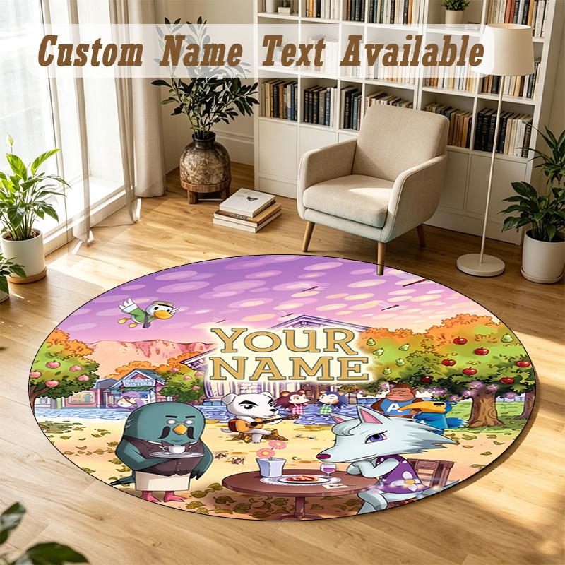 Animal Crossing Personalized Round Rug Support Custom Name, Soft Home Decor Mat