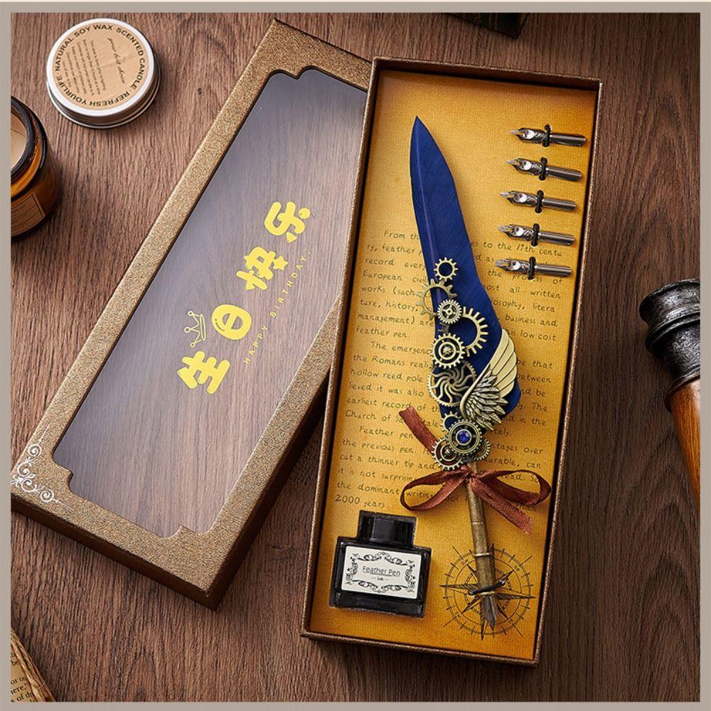 European Style Metal Signature Pen Retro Punk Feather Pen Dipped in Water Pen  School Supplies