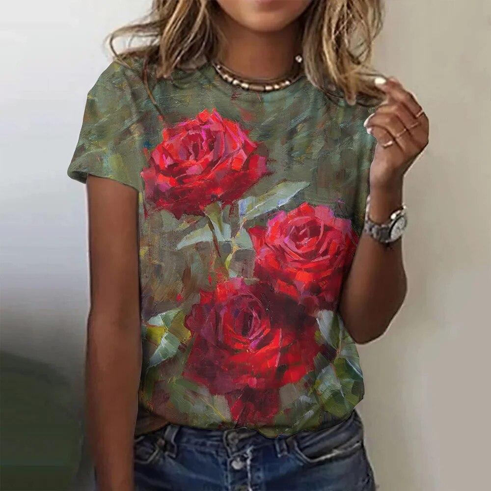 2023 Women's T-Shirts Fashion Floral Theme T Shirt Floral Plants Tees Summer Short Sleeve Top Basic Oversized Female Clothing