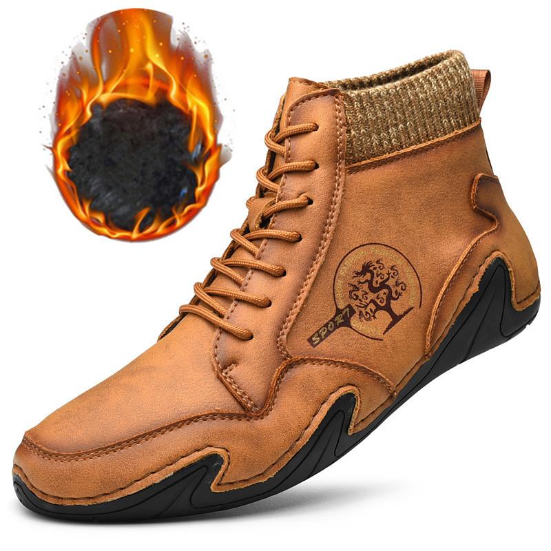 Autumn Leather Men Boots Winter Fur Warm Snow Boots Men Winter High Top Casual Shoes Vintage Western Ankle Boots Zapatos Hombre