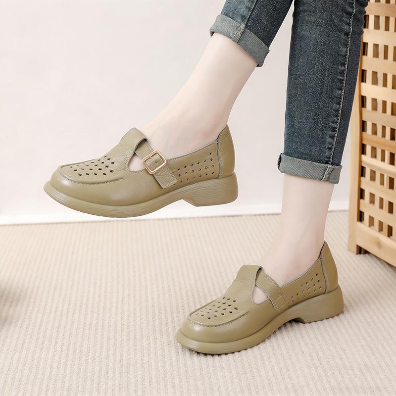 2026 Summer Genuine Leather Shoes Women Sandals Flat Holiday Fashion Brand Ladies Sandals Breathable Holes Black Green Plus Size 41