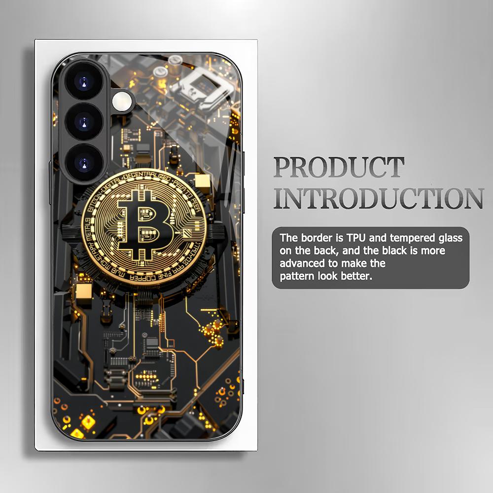 Goldene Bitcoin Hartglas Handyhülle geeignet für Samsung Galaxy S26 S25 S24 S22 S21 S20 FE/Ultra/Plus sturzsichere Rückabdeckung