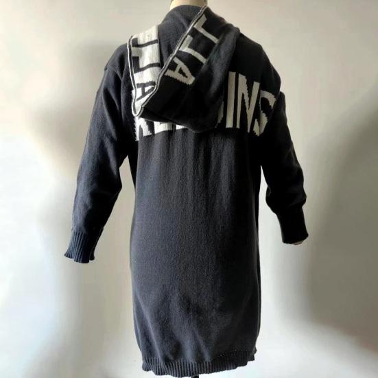 Frauen Winter Herbst Pullover Mantel Mit Kapuze Taschen Brief Muster Gestrickte Dicke Warme Langarm Mittellange Lose Zipper Verschluss Winter langen Mantel