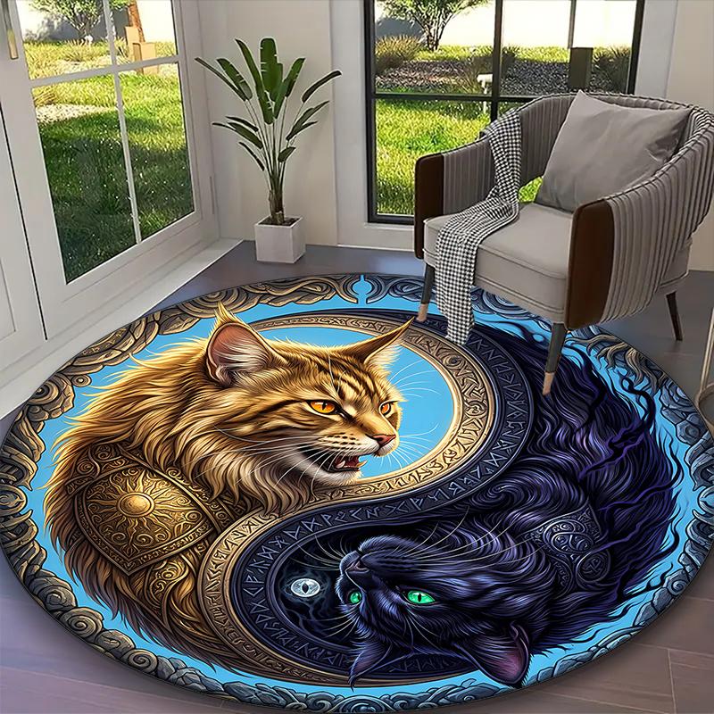 1pc Mystic Yin Yang Cat Printed Chair Rug for Home Office Use, Living Room Kitchen Game Room Round Carpet