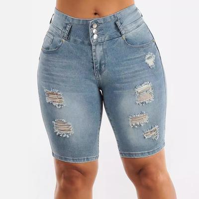 High Waisted Ripped Denim Shorts For Women In Europe And America 2024 New Elastic Slimming Slim Fit Hip Lifting Quarter Pants