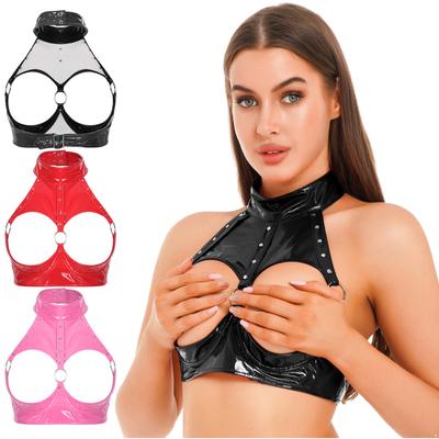 Damen Open Cup Bügel-BH Crop Top Mode Niete O-Ring Neckholder rückenfreie Weste Wet Look Lackleder Camisole Tops Clubwear