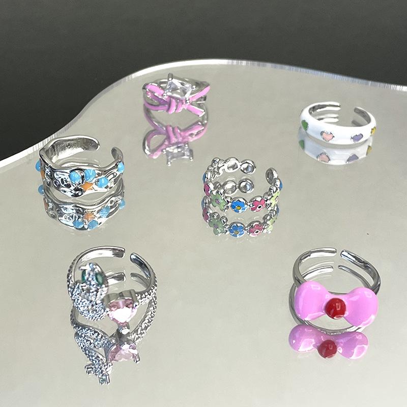 Enamel Oil Drop Flower Bow Personalized Snake Open Ring Cold Wind Niche Design Ring Woman
