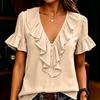 Women's Fashion V Neck Ruffle Short Sleeve Casual Blouse Lightweight Button Front Top for Everyday Wear