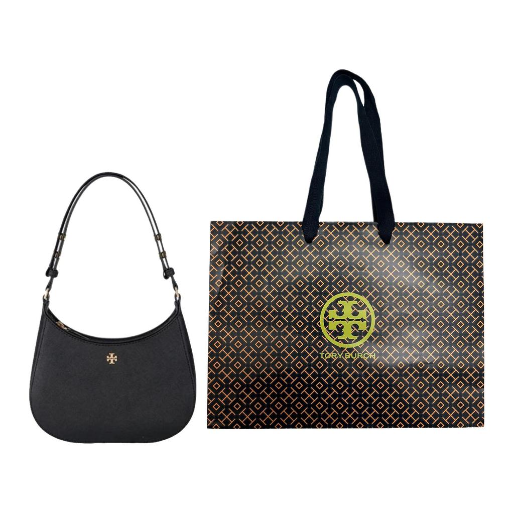 Tory Burch Emerson Minimalistische Mode Reißverschluss Offene Textur Achseltasche Damen Handtasche Schwarz 150258-001