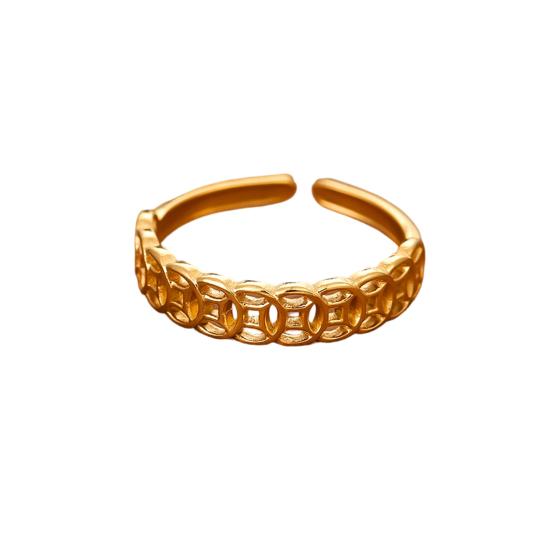 Women Ring Hollow Copper Coin Shape Adjustable Opening Design Finger Ring Fortune-Boosting Ring Versatile Jewelry Gift