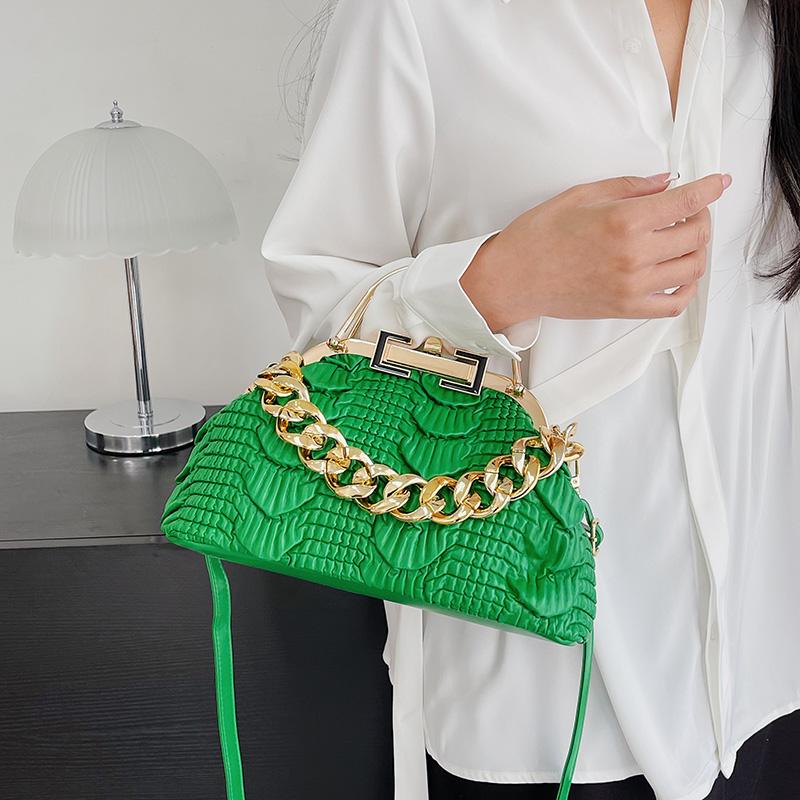 Women's Pleated PU Leather Shoulder Bags  Thick Chain  Messenger Bags  Luxurious Ladies Bags  Night Clutch  Gold  Pink  Green