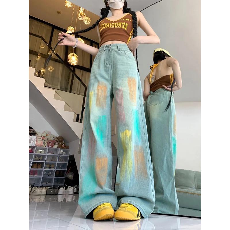 Women s High Waist Colorful Graffiti Wide Leg Denim Jeans S синий