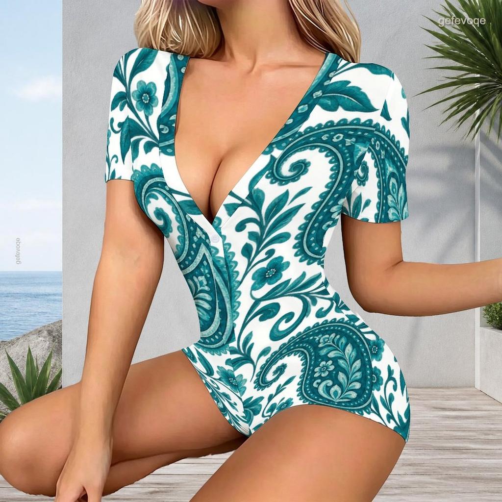 Women Plus Size Blue Green Floral Paisley Printed V Neck Short Sleeve Button Front Romper