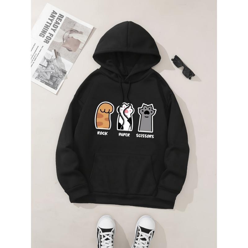 Three Cat Paws Graphic Print Hoodie, Drawstring Casual Hooded Sweatshirt for Winter & Fall, Women's Clothing