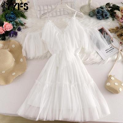 Γυναικεία Μόδα Καλοκαιρινή Άνοιξη Μονόχρωμη στάμπα κοντό μανίκι V-λαιμόκοψη ψηλόμεση casual φορέματα