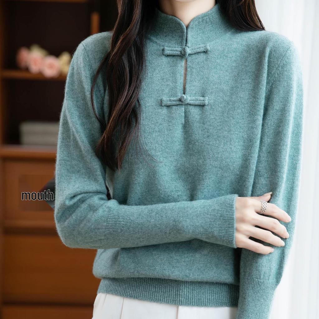 New Chinese Style Women's Thick Wool Sweater - Frog Button, Stand Collar, Loose Fit, Autumn Winter Warm Knit