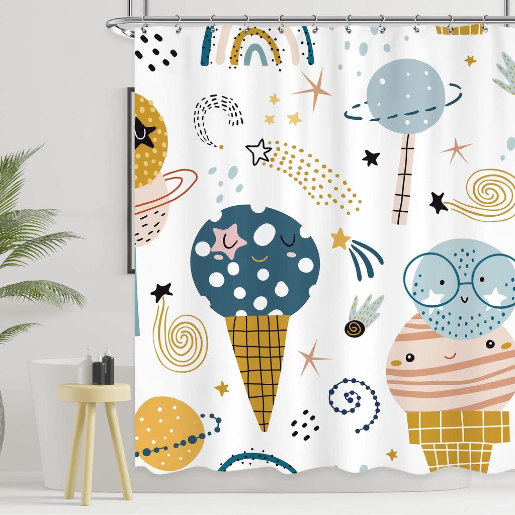 Ice Cream Shower Curtain Summer Flower Rainbow Popsicle Colorful Dots Design Fabric Waterproof Bath Curtain Bathroom Curtain Set